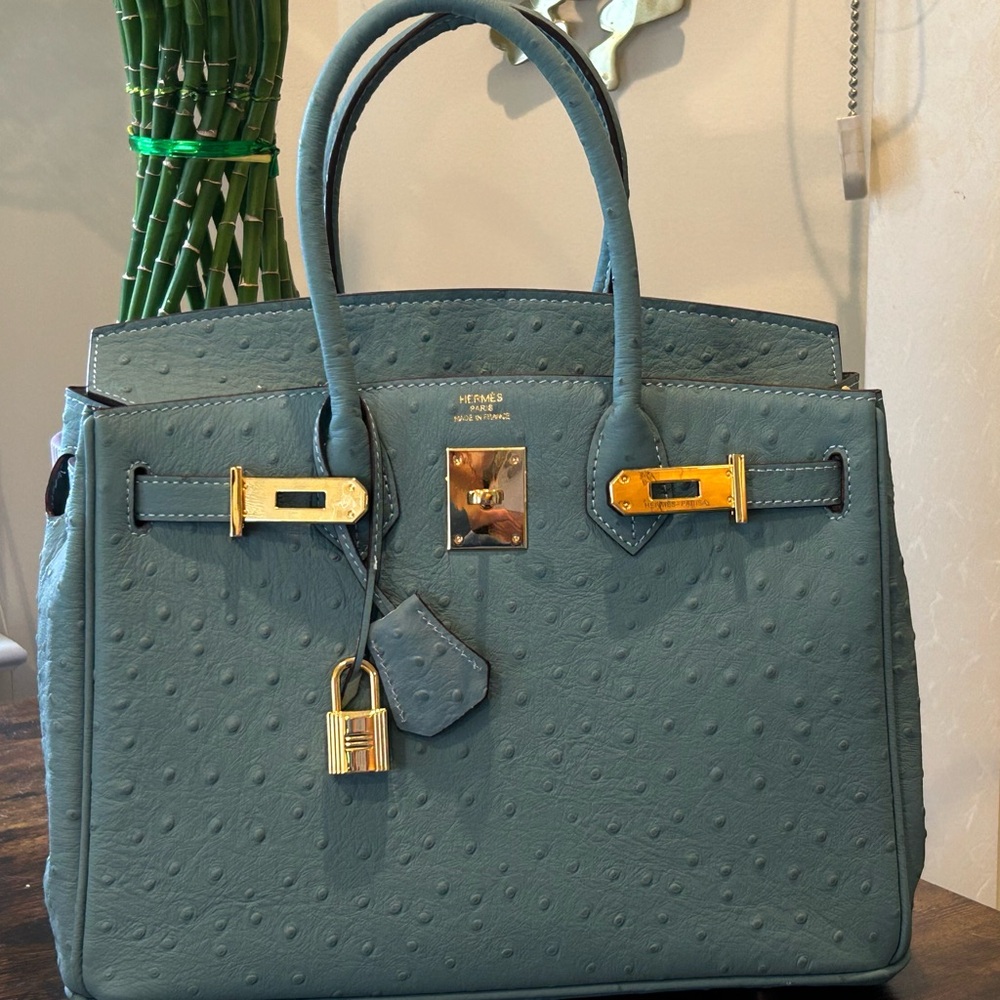 Blue Ostrich Leather Hand Bag with Gold Hardware